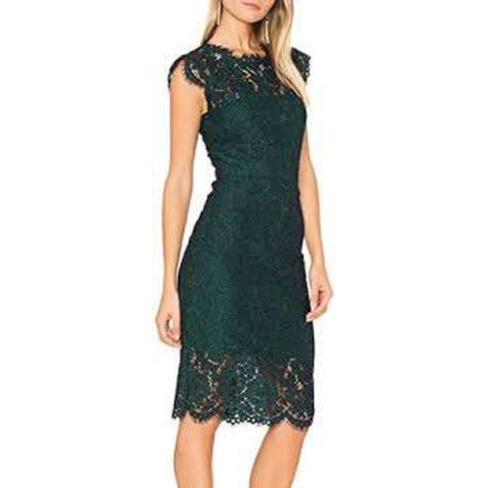 MEROKEETY Forest Green Floral Lace Cap Sleeve Midi Sheath Dress Medium NWOT